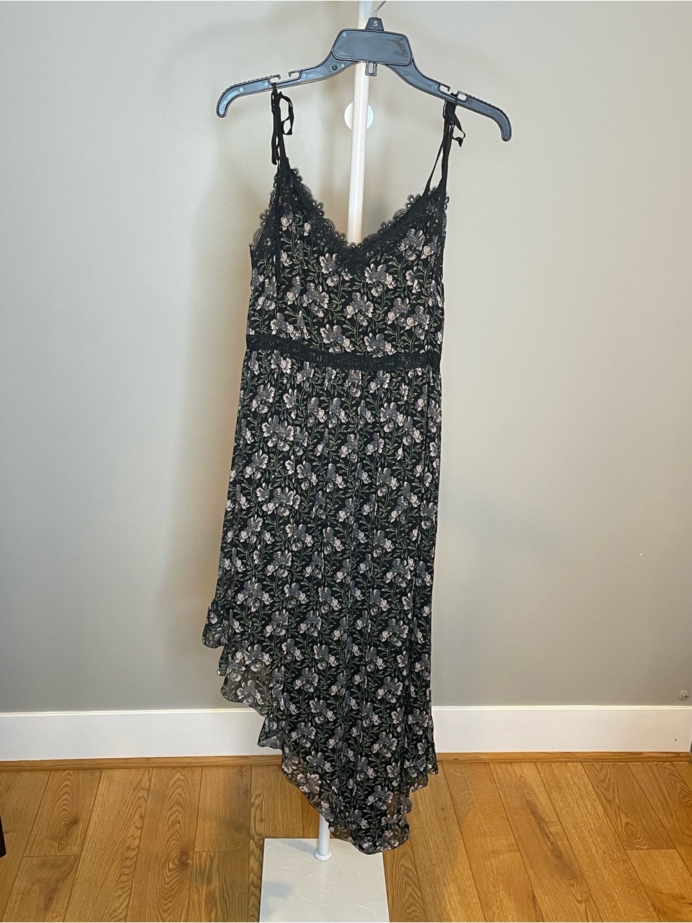 PAIGE Black 100% Silk Floral Lace-Trim Asymmetrical Slip Dress
